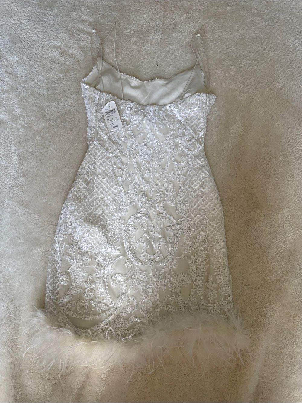 Windsor White Beaded Spaghetti Strap Mini Dress with Feather Hem - Picture 2 of 3
